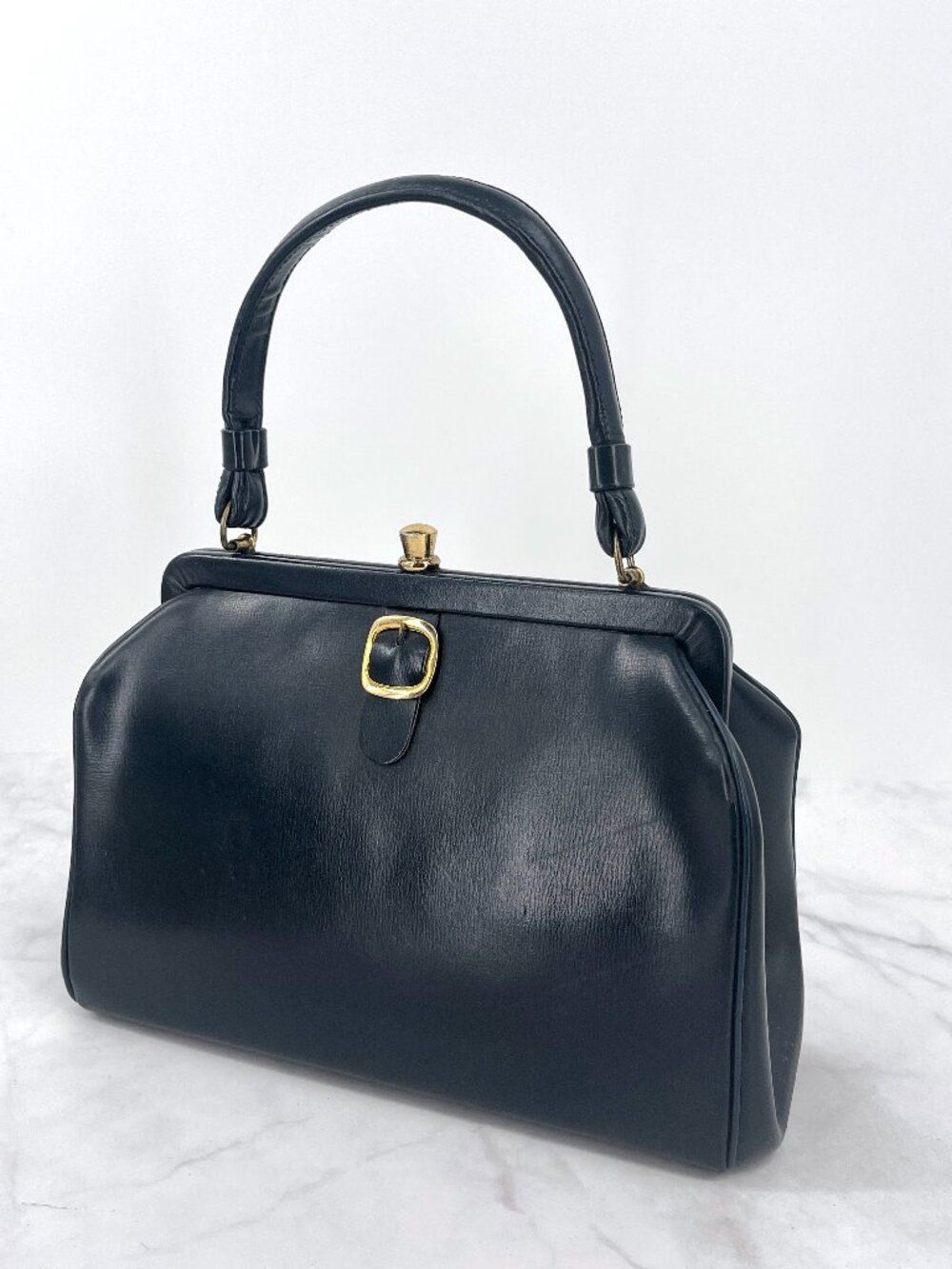 Vintage Leather Satchel Frame Style Handbag Black Gold 40's 50's 60's